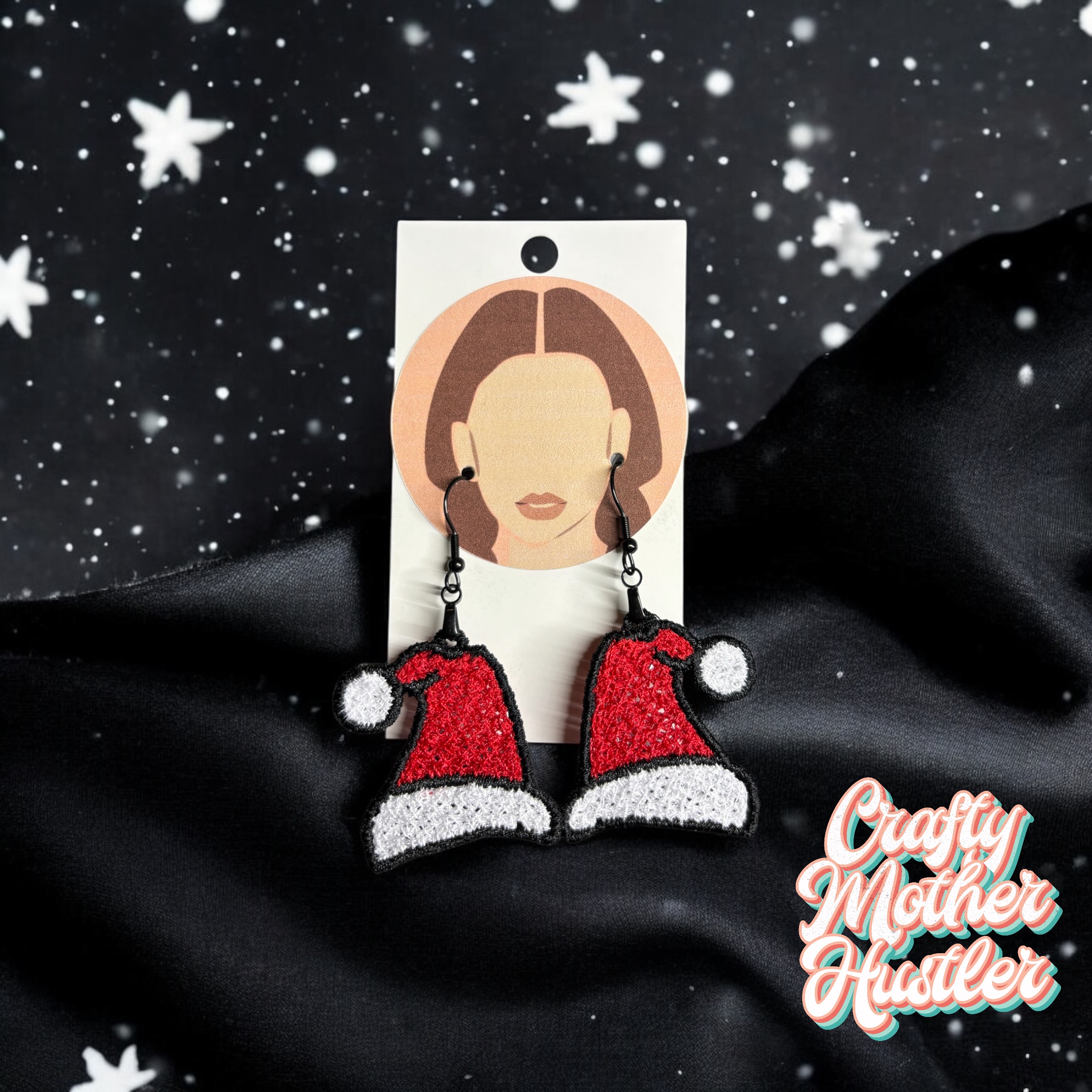 Freestanding Lace Christmas Santa Hat Earrings Embroidery Design
