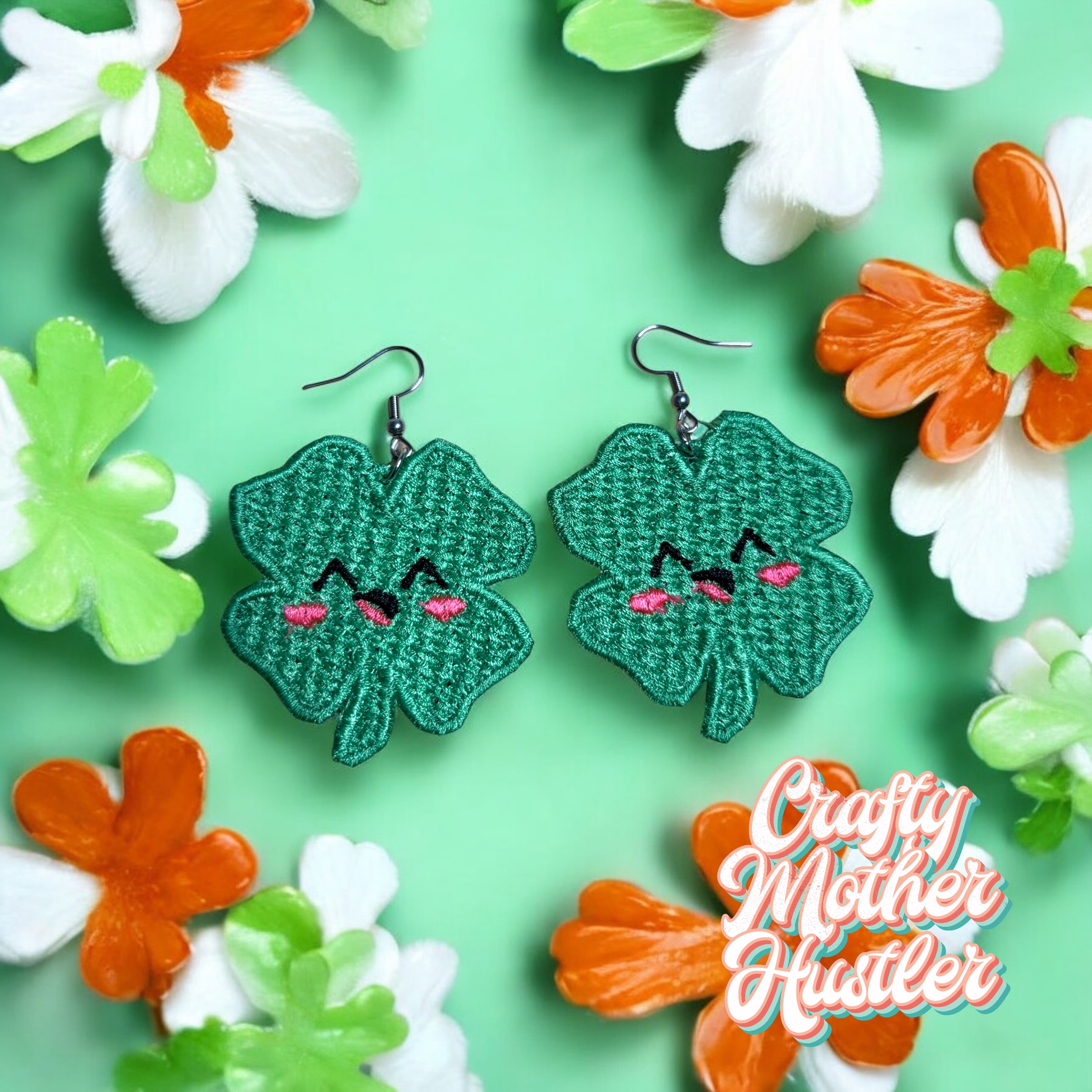Kawaii Shamrock FSL Earrings Embroidery Design for 4x4 Hoops